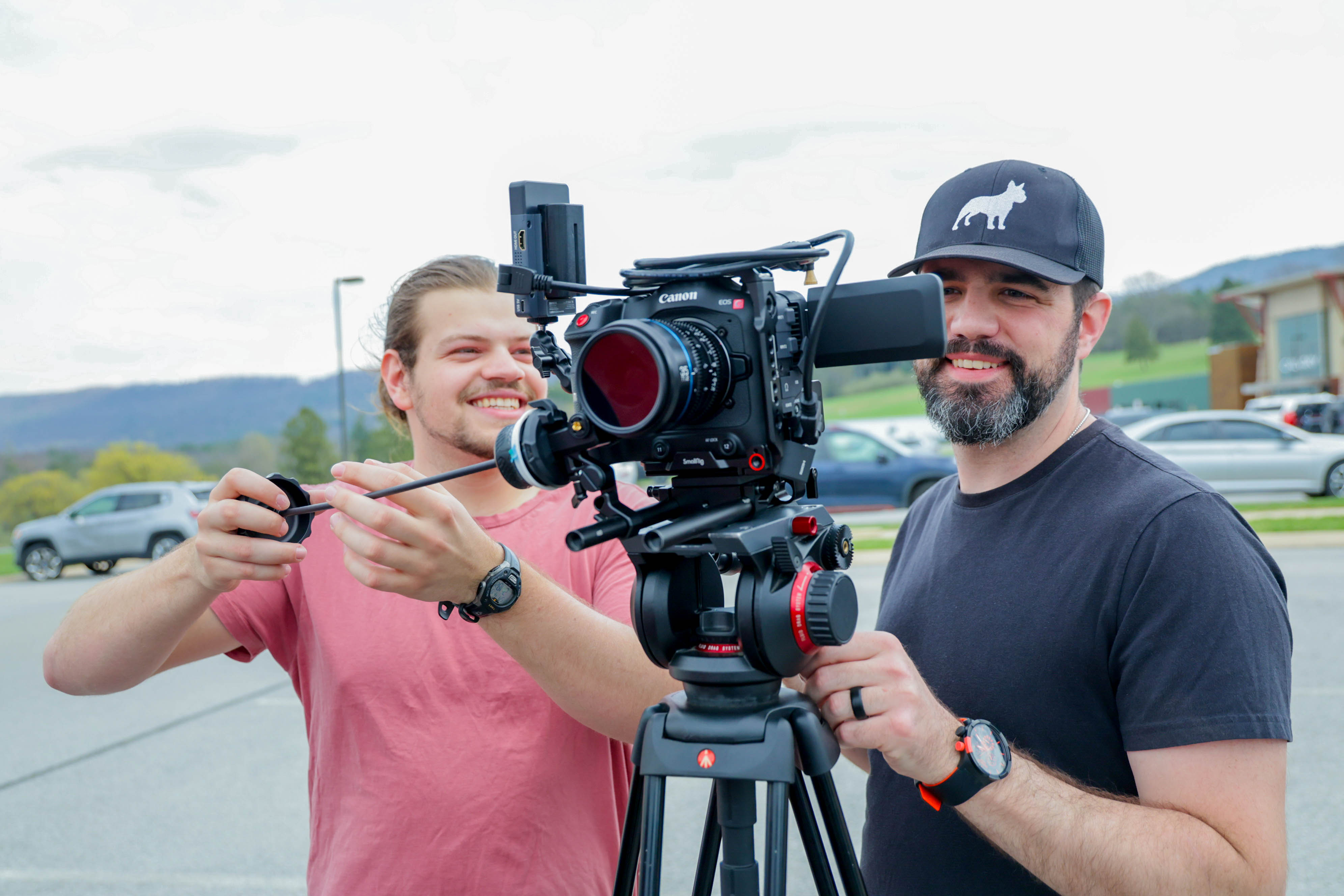 Diverse group collaborating on film project